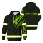 Hi Vis Hoodie Reflective Tapes Green Neon Hawaiian Polynesian Tribal Custom Name Safety Workwear For Workers, Runners, Cyclists