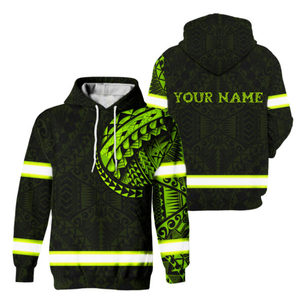 Hi Vis Hoodie Reflective Tapes Green Neon Hawaiian Polynesian Tribal Custom Name Safety Workwear For Workers, Runners, Cyclists