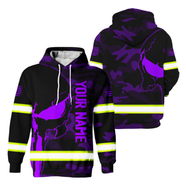 Hi Vis Hoodie Reflective Skull Violet Camo Neon US Flag Custom Name Safety Workwear For Workers, Runners, Cyclists, Trucker, Operator, Patriotic