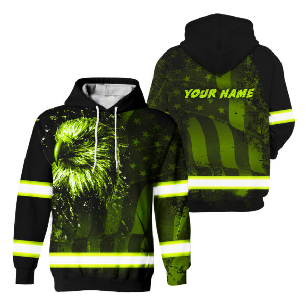 Hi Vis Hoodie Reflective Eagle And US Flag Custom Name Safety Workwear For Workers, Runners, Cyclists, Trucker, Operator, Patriotic