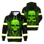 Hi Vis Hoodie Reflective Tapes Green Neon Skull With Chain Safety Workwear For Workers, Runners, Cyclists
