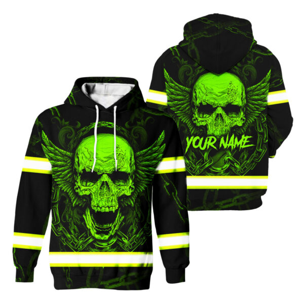 Hi Vis Hoodie Reflective Tapes Green Neon Skull With Chain Safety Workwear For Workers, Runners, Cyclists