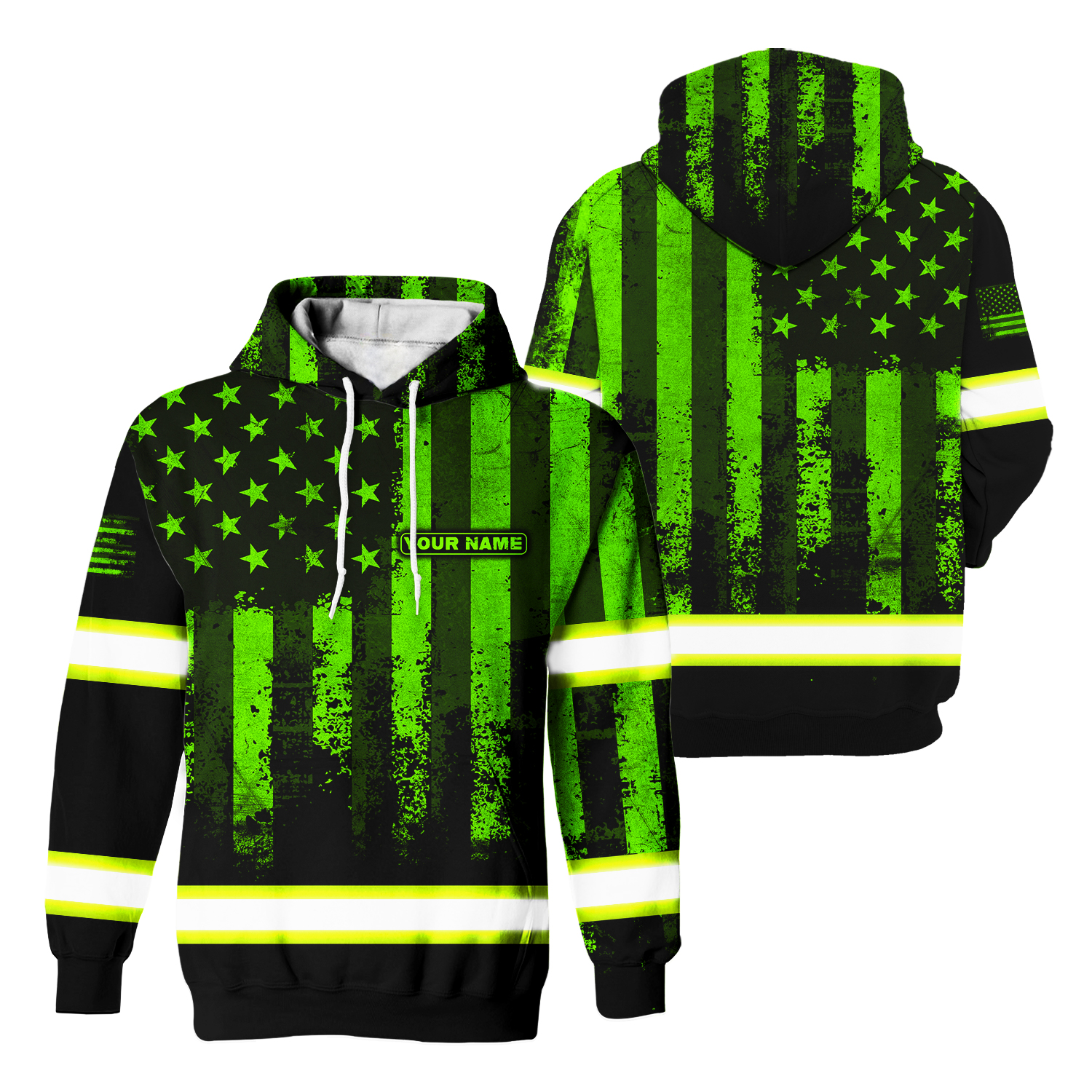 Hi Vis Hoodie Reflective Flag USA Custom Name Safety Workwear