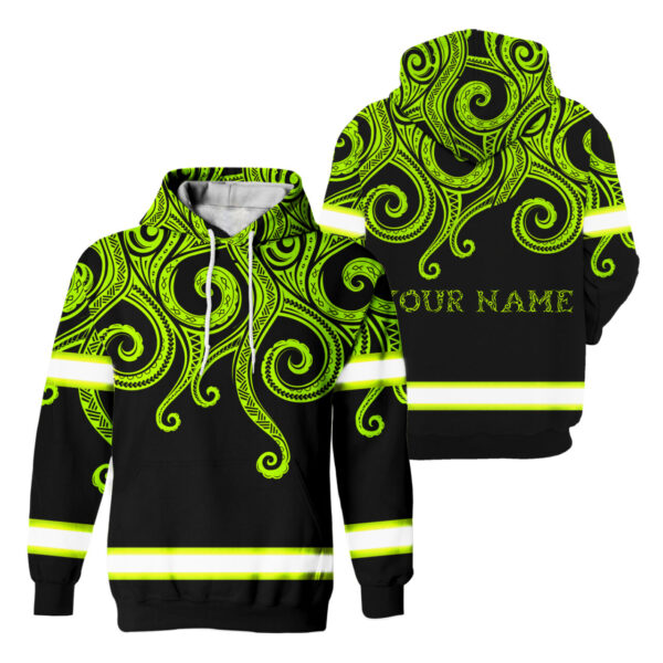 Hi Vis Hoodie Reflective Tapes Octopus Hawaiian Polynesian Tribal Custom Name Safety Workwear For Workers, Runners, Cyclists