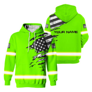 Hi Vis Hoodie Reflective Scratch Green Neon US Flag Custom Name Safety Workwear For Workers, Runners, Cyclists, Trucker, Operator, Patriotic