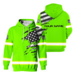 Hi Vis Hoodie Reflective Scratch Green Neon US Flag Custom Name Safety Workwear For Workers, Runners, Cyclists, Trucker, Operator, Patriotic