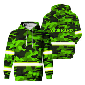 Hi Vis Hoodie Reflective Green Camo 2 Custom Name Safety Workwear For Workers, Runners, Cyclists, Trucker, Operator, Patriotic
