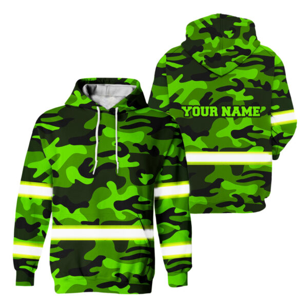 Hi Vis Hoodie Reflective Green Camo 2 Custom Name Safety Workwear For Workers, Runners, Cyclists, Trucker, Operator, Patriotic