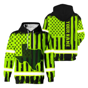 Hi Vis Hoodie Reflective Green Neon US Flag Custom State And Name Safety Workwear For Workers, Runners, Cyclists, Trucker, Operator, Patriotic
