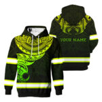 Hi Vis Hoodie Reflective Tapes Green Gradient Hawaiian Polynesian Tribal Custom Name Safety Workwear For Workers, Runners, Cyclists