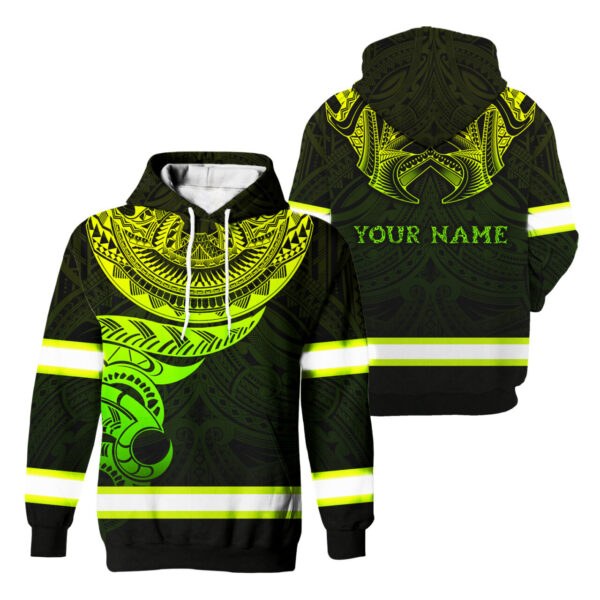 Hi Vis Hoodie Reflective Tapes Green Gradient Hawaiian Polynesian Tribal Custom Name Safety Workwear For Workers, Runners, Cyclists
