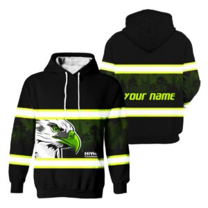Hi Vis Hoodie Reflective Black Eagle USA Flag Custom Name Safety Workwear For Workers, Patriotic, Veteran, Military