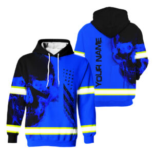 Hi Vis Hoodie Reflective Skull US Flag Blue Neon Custom Name Safety Workwear For Workers, Runners, Cyclists, Trucker, Operator, Patriotic