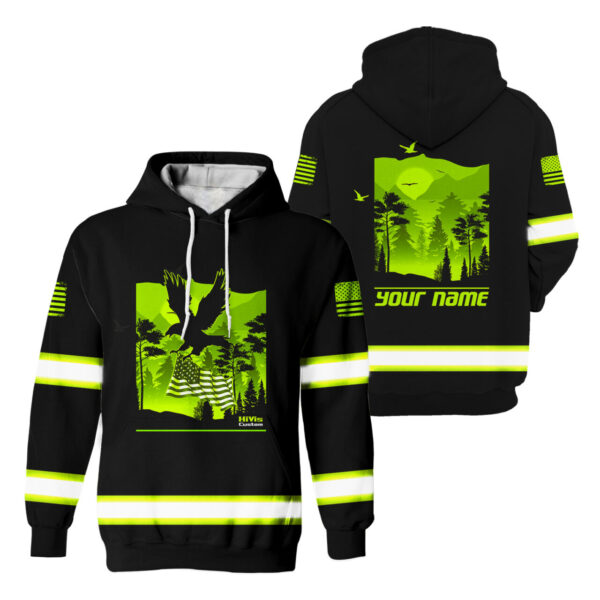 Hi Vis Hoodie Reflective Eagle Fly US Flag Custom Name Safety Workwear For Workers, Runners, Cyclists, Trucker, Operator, Patriotic