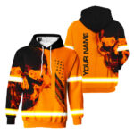 Hi Vis Hoodie Reflective Skull US Flag Orange Neon Custom Name Safety Workwear For Workers, Runners, Cyclists, Trucker, Operator, Patriotic