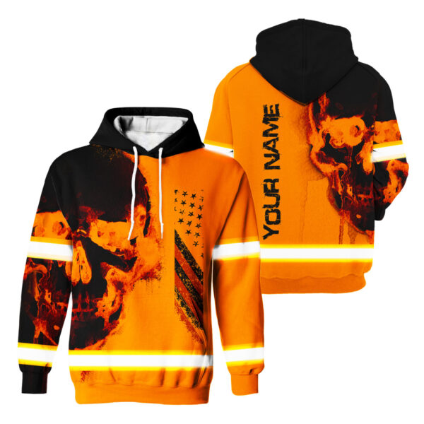 Hi Vis Hoodie Reflective Skull US Flag Orange Neon Custom Name Safety Workwear For Workers, Runners, Cyclists, Trucker, Operator, Patriotic
