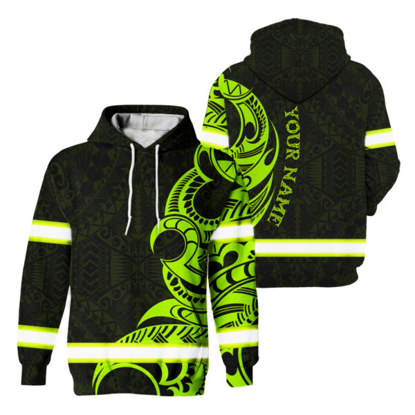 Hi Vis Hoodie Reflective Tapes Green Hawaiian Polynesian Tribal 2 Custom Name Safety Workwear For Workers, Runners, Cyclists