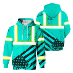 Hi Vis Hoodie Reflective Tapes Mint Neon USA Flag Safety Workwear For Workers, Runners, Cyclists, Patriotic