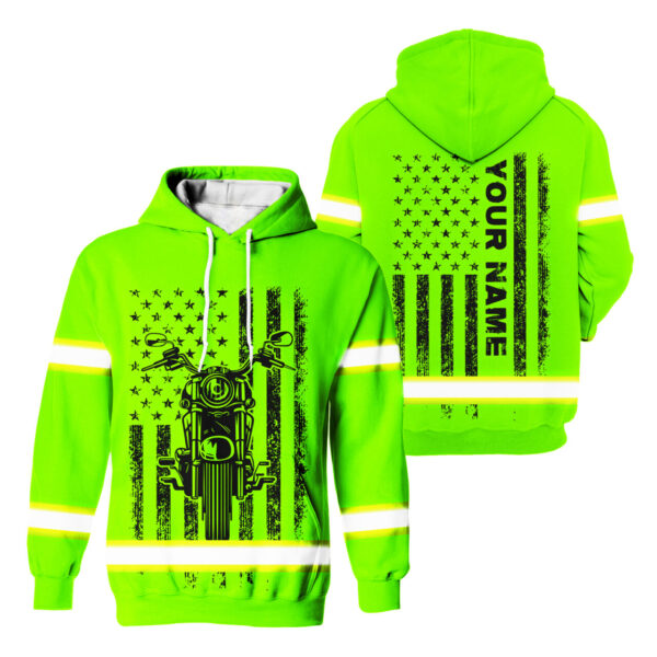 Hi Vis Hoodie Reflective Custom Name American Motorcycle US Flag Cool Biker Gift, Safety Workwear
