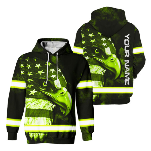 Hi Vis Hoodie Reflective Eagle Eyes US Flag Custom Name Safety Workwear For Workers, Runners, Cyclists, Trucker, Operator, Patriotic