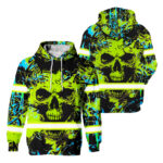 Hi Vis Hoodie Reflective Tapes Green Neon Skull Safety Workwear For Workers, Runners, Cyclists