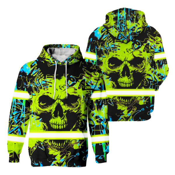 Hi Vis Hoodie Reflective Tapes Green Neon Skull Safety Workwear For Workers, Runners, Cyclists