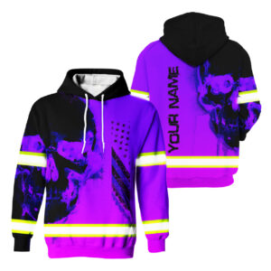 Hi Vis Hoodie Reflective Skull US Flag Violet Neon Custom Name Safety Workwear For Workers, Runners, Cyclists, Trucker, Operator, Patriotic