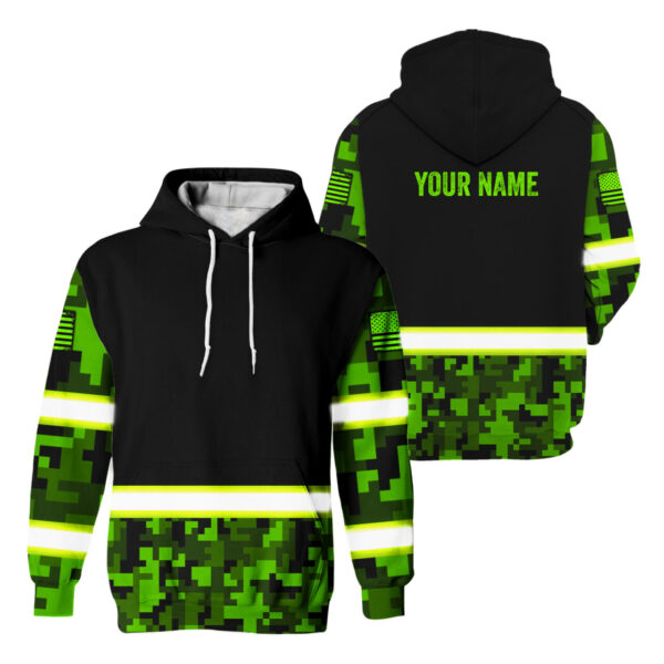 Hi Vis Hoodie Reflective Green Camo Custom Name Safety Workwear For Workers, Runners, Cyclists, Trucker, Operator, Patriotic