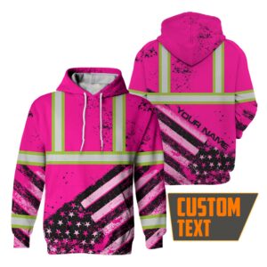 Hi Vis Hoodie Reflective Pink US Flag Paint Safety Workwear For Worker, Motorcycle Bicycle, Runner