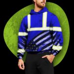 Hi Vis Hoodie Reflective Blue US Flag Paint Safety Workwear For Worker, Motorcycle Bicycle, Runner