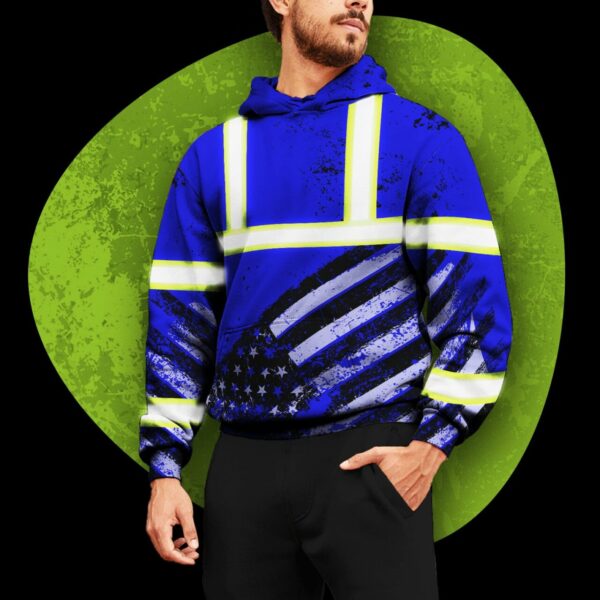 Hi Vis Hoodie Reflective Blue US Flag Paint Safety Workwear For Worker, Motorcycle Bicycle, Runner