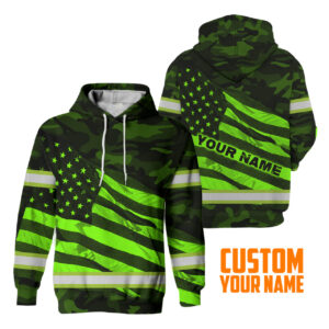 Hi Vis Hoodie Reflective Custom Name US Flag Wave Safety Workwear For Workers, Runners, Cyclists, Trucker, Operator, Patriotic