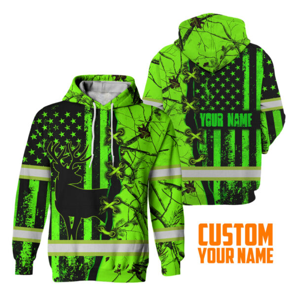 Hi Vis Hoodie Reflective Deer Hunting US Flag Custom Name Safety Workwear For Workers, Runners, Cyclists, Trucker, Operator, Patriotic, Hunting, Hunter