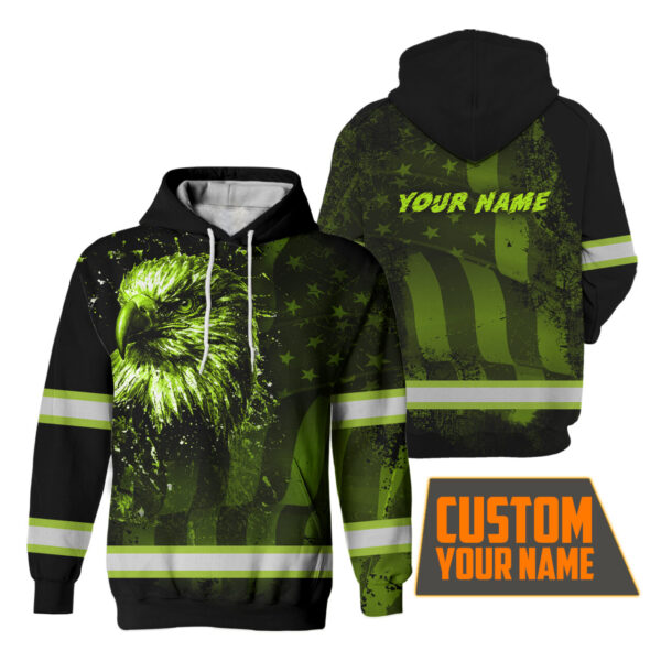Hi Vis Hoodie Reflective Eagle And US Flag Custom Name Safety Workwear For Workers, Runners, Cyclists, Trucker, Operator, Patriotic