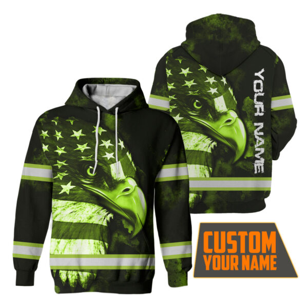 Hi Vis Hoodie Reflective Eagle Eyes US Flag Custom Name Safety Workwear For Workers, Runners, Cyclists, Trucker, Operator, Patriotic