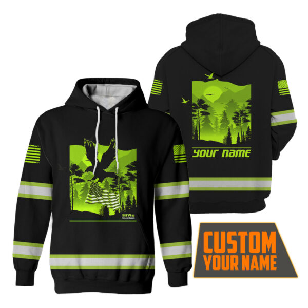 Hi Vis Hoodie Reflective Eagle Fly US Flag Custom Name Safety Workwear For Workers, Runners, Cyclists, Trucker, Operator, Patriotic