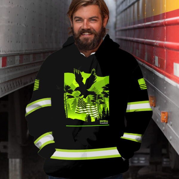 Hi Vis Hoodie Reflective Eagle Fly US Flag Custom Name Safety Workwear For Workers, Runners, Cyclists, Trucker, Operator, Patriotic