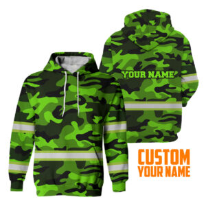 Hi Vis Hoodie Reflective Green Camo 2 Custom Name Safety Workwear For Workers, Runners, Cyclists, Trucker, Operator, Patriotic
