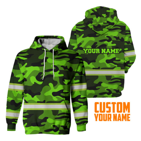 Hi Vis Hoodie Reflective Green Camo 2 Custom Name Safety Workwear For Workers, Runners, Cyclists, Trucker, Operator, Patriotic