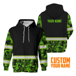 Hi Vis Hoodie Reflective Green Camo Custom Name Safety Workwear For Workers, Runners, Cyclists, Trucker, Operator, Patriotic