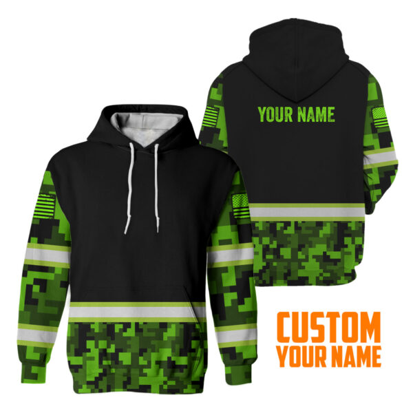 Hi Vis Hoodie Reflective Green Camo Custom Name Safety Workwear For Workers, Runners, Cyclists, Trucker, Operator, Patriotic