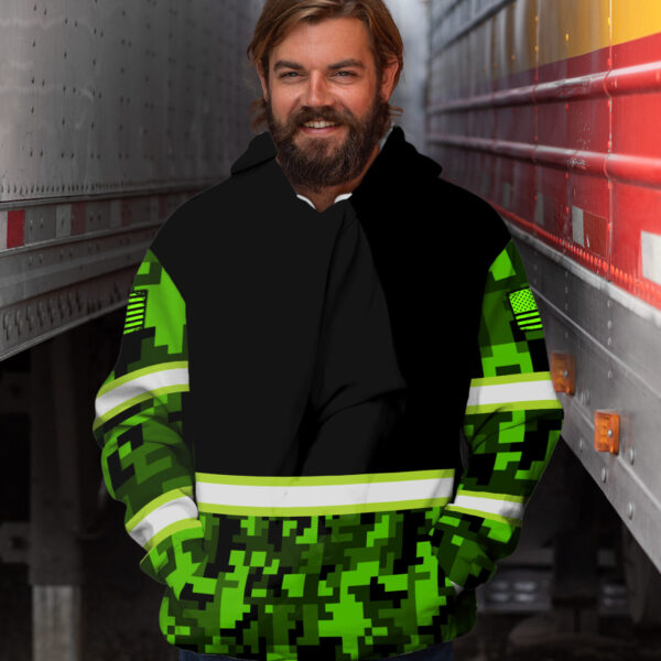 Hi Vis Hoodie Reflective Green Camo Custom Name Safety Workwear For Workers, Runners, Cyclists, Trucker, Operator, Patriotic