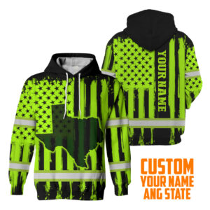 Hi Vis Hoodie Reflective Green Neon US Flag Custom State And Name Safety Workwear For Workers, Runners, Cyclists, Trucker, Operator, Patriotic