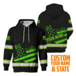 Hi Vis Hoodie Reflective Green US Flag Custom States And Name Safety Workwear For Workers, Runners, Cyclists, Trucker, Operator, Patriotic
