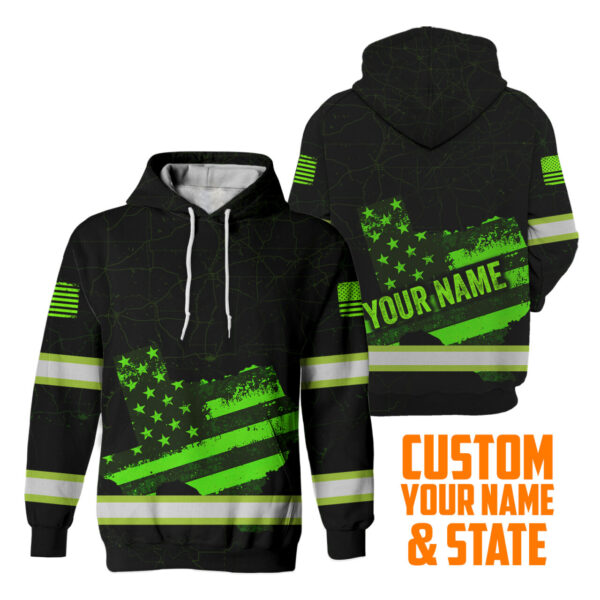 Hi Vis Hoodie Reflective Green US Flag Custom States And Name Safety Workwear For Workers, Runners, Cyclists, Trucker, Operator, Patriotic