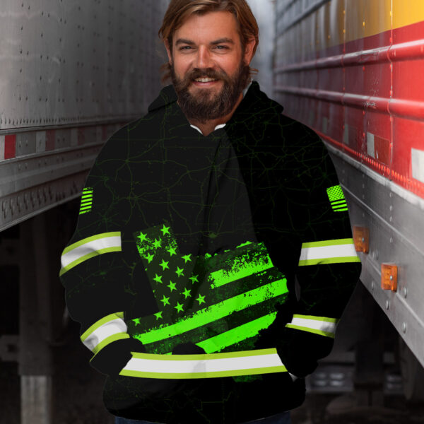 Hi Vis Hoodie Reflective Green US Flag Custom States And Name Safety Workwear For Workers, Runners, Cyclists, Trucker, Operator, Patriotic