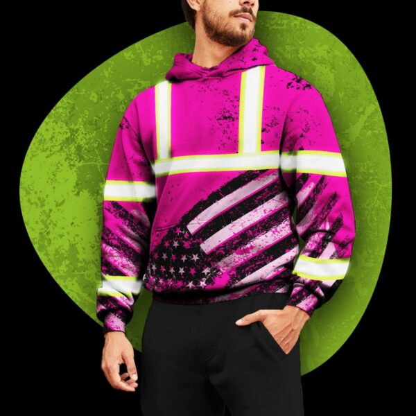 Hi Vis Hoodie Reflective Pink US Flag Paint Safety Workwear For Worker, Motorcycle Bicycle, Runner
