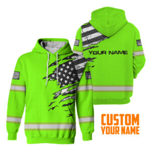 Hi Vis Hoodie Reflective Scratch Green Neon US Flag Custom Name Safety Workwear For Workers, Runners, Cyclists, Trucker, Operator, Patriotic