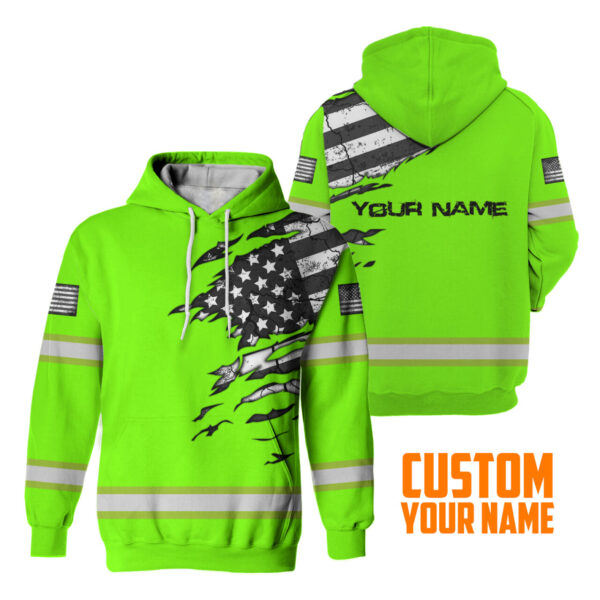 Hi Vis Hoodie Reflective Scratch Green Neon US Flag Custom Name Safety Workwear For Workers, Runners, Cyclists, Trucker, Operator, Patriotic
