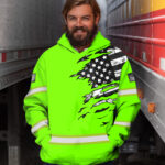 Hi Vis Hoodie Reflective Scratch Green Neon US Flag Custom Name Safety Workwear For Workers, Runners, Cyclists, Trucker, Operator, Patriotic
